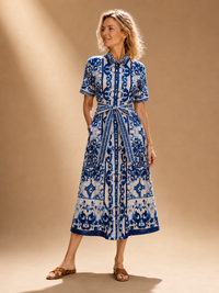 Elegantes Blumen Midi-Kleid im Porzellan-Stil