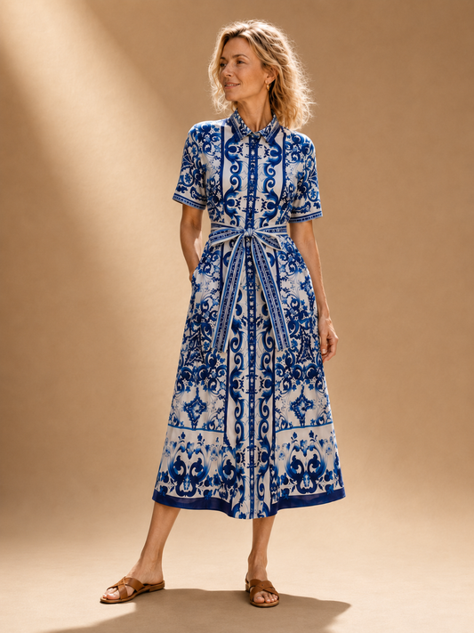 Elegantes Blumen Midi-Kleid im Porzellan-Stil