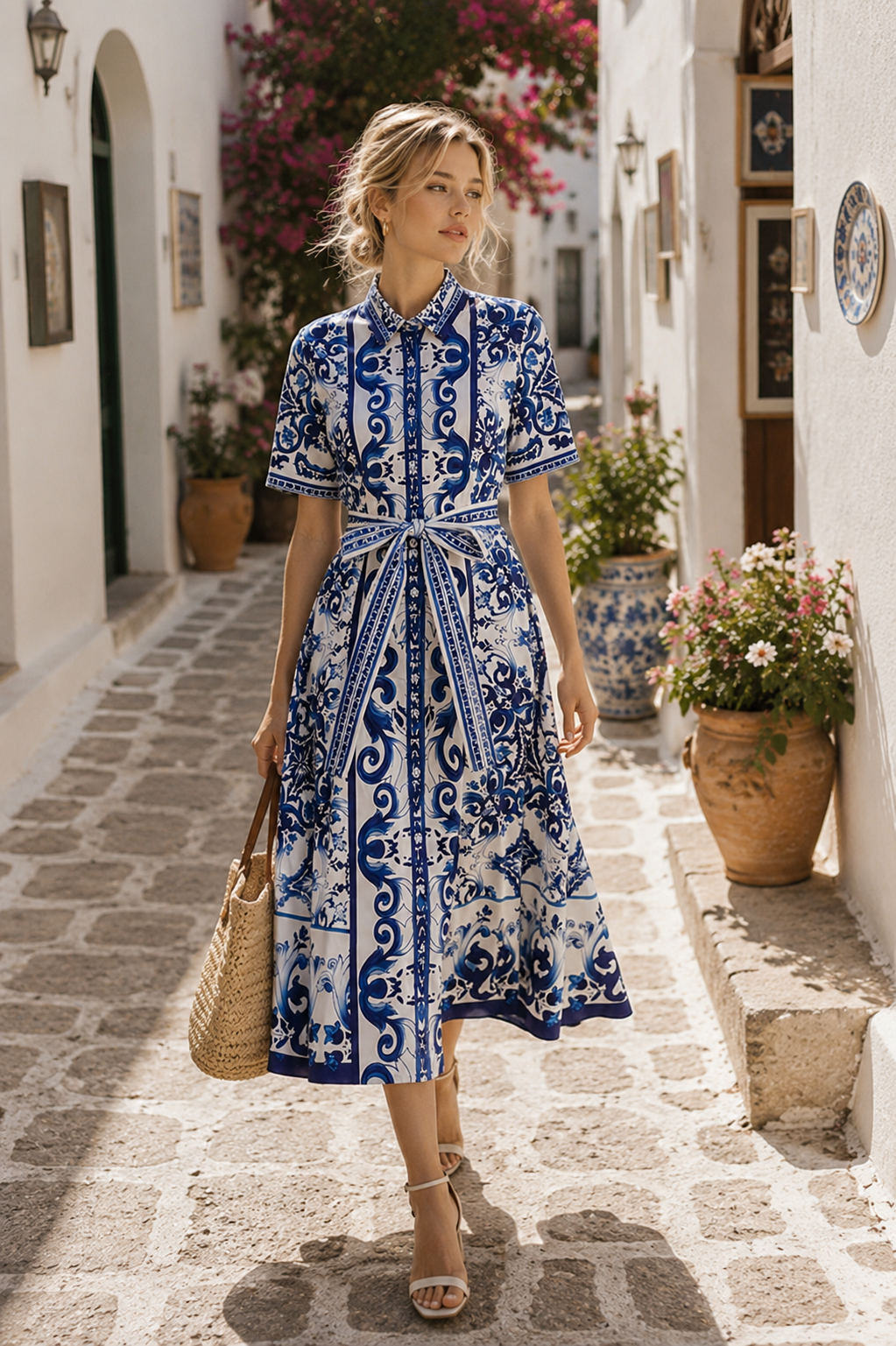 Elegantes Blumen Midi-Kleid im Porzellan-Stil