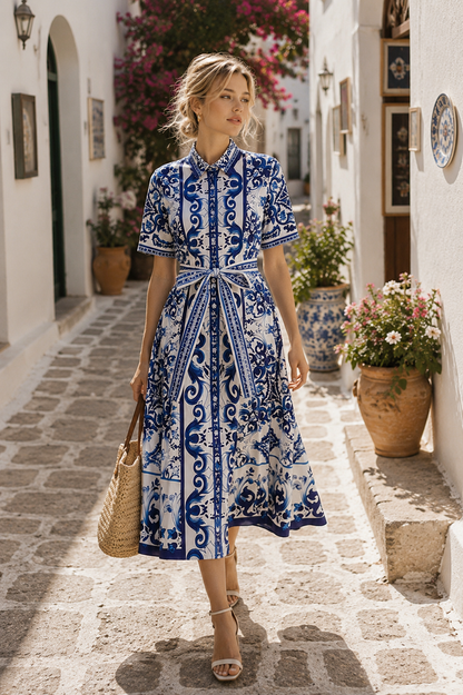 Elegantes Blumen Midi-Kleid im Porzellan-Stil
