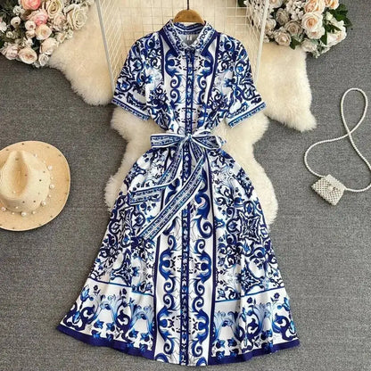 Elegantes Blumen Midi-Kleid im Porzellan-Stil
