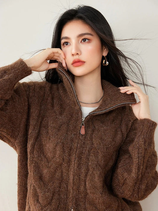 Knitted Cardigan - Double-Zip High Collar Knitted Cardigan