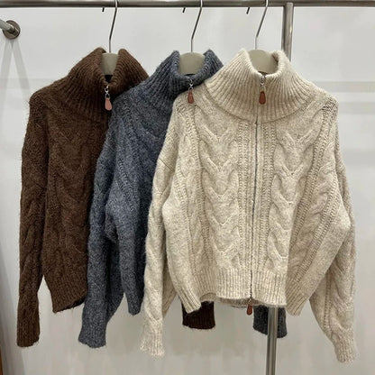 Knitted Cardigan - Double-Zip High Collar Knitted Cardigan