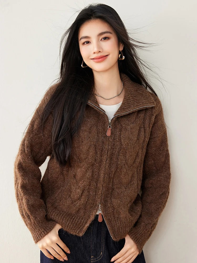 Knitted Cardigan - Double-Zip High Collar Knitted Cardigan