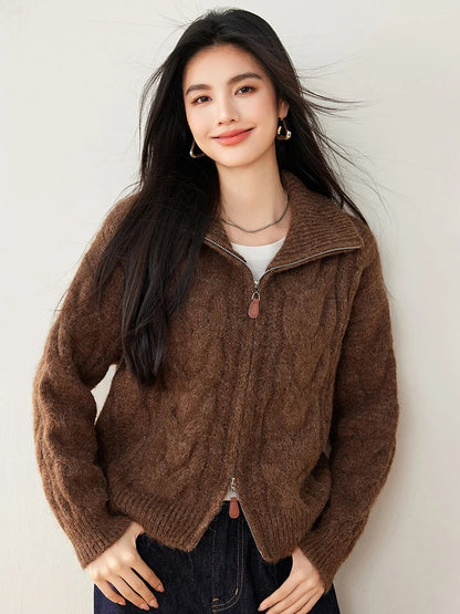 Knitted Cardigan - Double-Zip High Collar Knitted Cardigan