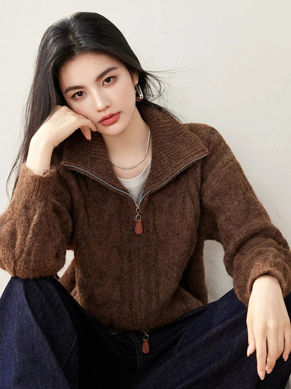 Knitted Cardigan - Double-Zip High Collar Knitted Cardigan