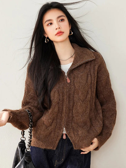 Knitted Cardigan - Double-Zip High Collar Knitted Cardigan