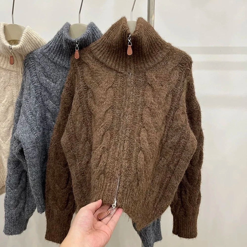 Knitted Cardigan - Double-Zip High Collar Knitted Cardigan