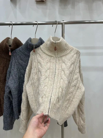 Knitted Cardigan - Double-Zip High Collar Knitted Cardigan