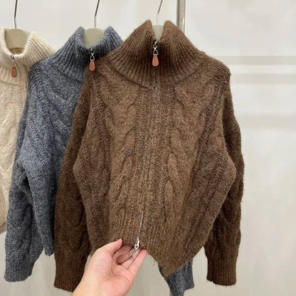 Knitted Cardigan - Double-Zip High Collar Knitted Cardigan